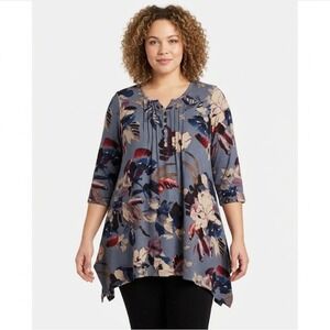 New EVANS Gray Multi Color V Neck Floral Stretch Popover Tunic size 16